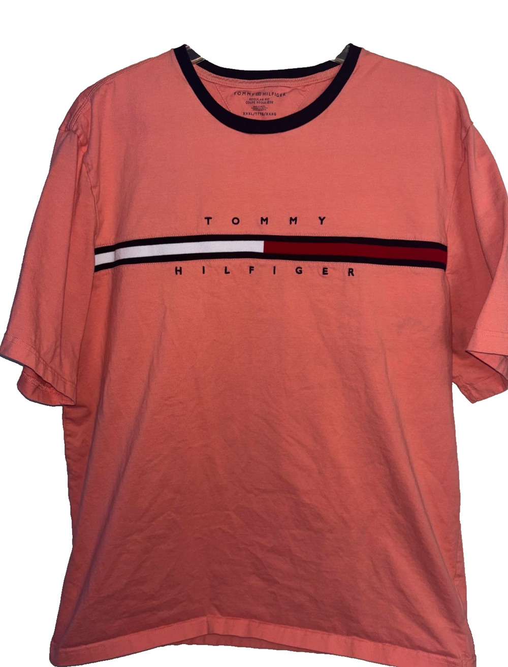 Tommy Hilfiger Shirt Mens 3XL Salmon Coral Pink Logo Ringer Short Sleeve T-Shirt